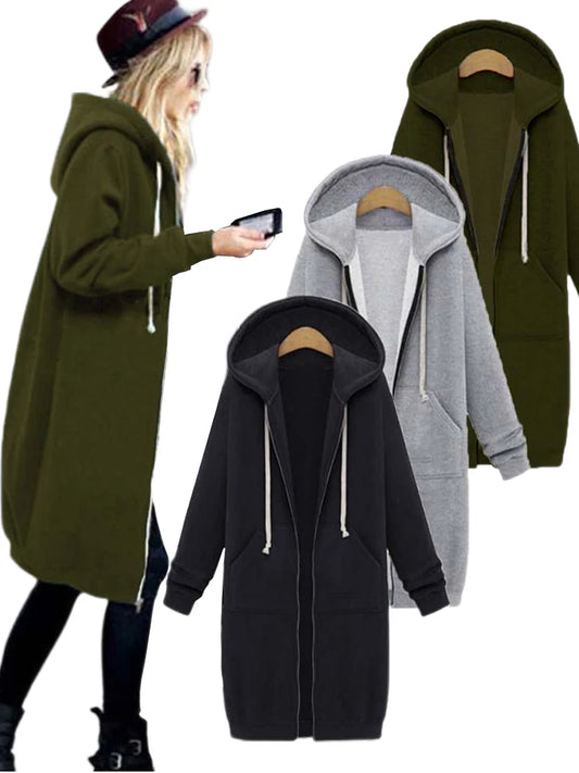 Once 2023 Casual Women Long Hoodies Sweatshirt Coat Zip Up Outerwears Hooded Jacket Winter Pockets Plus Size Outwear Tops