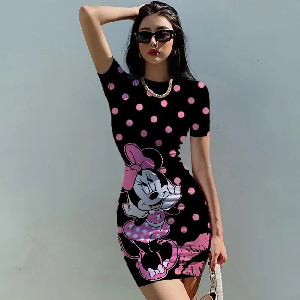 Summer Women's Round neck Short sleeve Bodycon Slim Dress Dresses Disney Minnie Mickey Mouse 3D print sexy bag hip dress