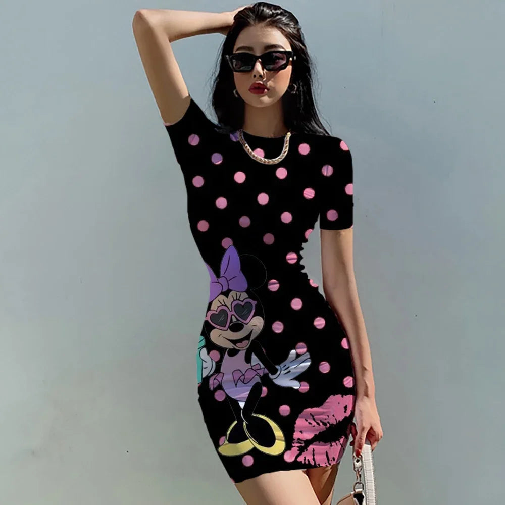 Summer Women's Round neck Short sleeve Bodycon Slim Dress Dresses Disney Minnie Mickey Mouse 3D print sexy bag hip dress