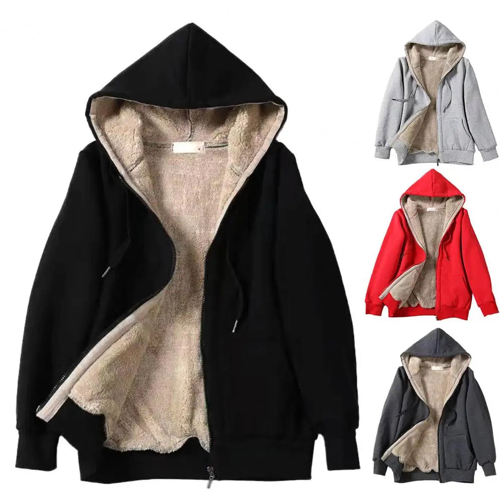 Women Hoodie Fleeced Lined Solid Color Jacket Autumn Winter Loose Drawstring Sweatshirt Coat Outwear Parka Warm Hooded Coat 후드티