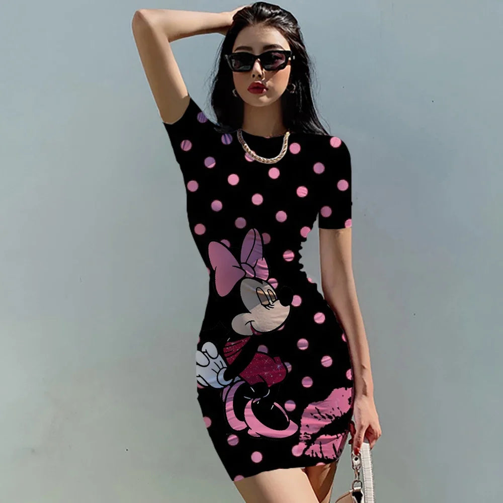 Summer Women's Round neck Short sleeve Bodycon Slim Dress Dresses Disney Minnie Mickey Mouse 3D print sexy bag hip dress