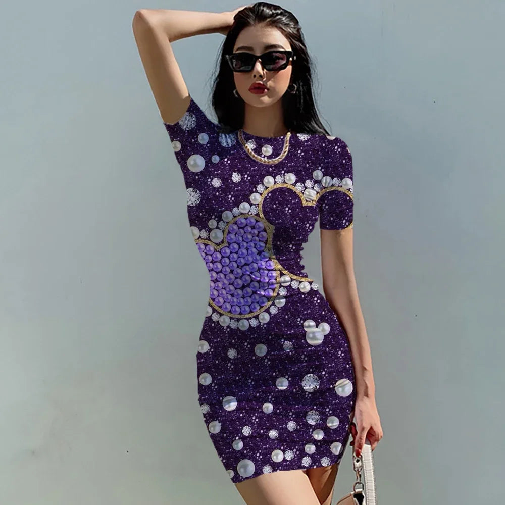 Summer Women's Round neck Short sleeve Bodycon Slim Dress Dresses Disney Minnie Mickey Mouse 3D print sexy bag hip dress