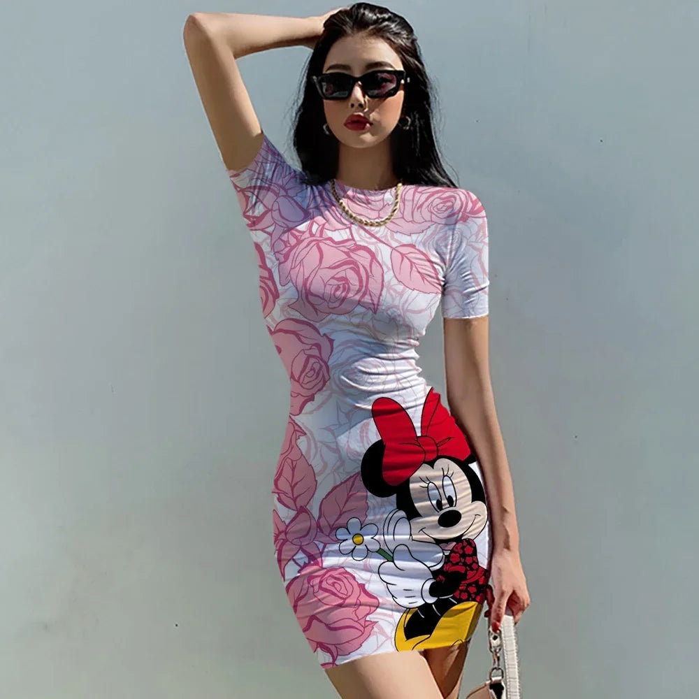 Summer Women's Round neck Short sleeve Bodycon Slim Dress Dresses Disney Minnie Mickey Mouse 3D print sexy bag hip dress